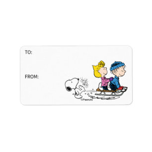 Erdnüsse   Snoopy, Sally & Linus Sled Gift Tag Adressaufkleber