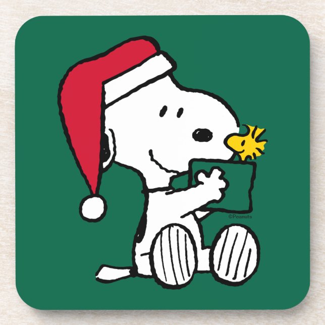 Erdnüsse | Snoopy Santa & Woodstock Geschenk Getränkeuntersetzer (Vorderseite)