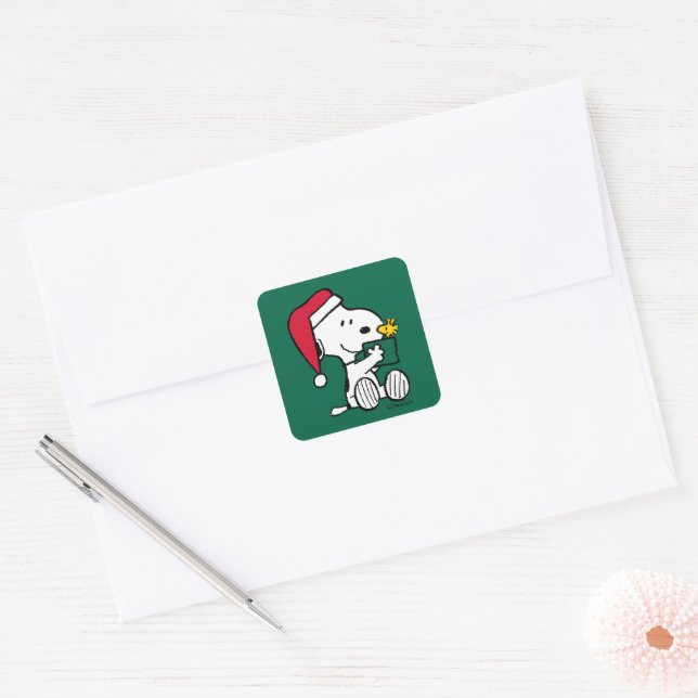 Erdnüsse | Snoopy Santa & Woodstock Geschenk Quadratischer Aufkleber (Umschlag)