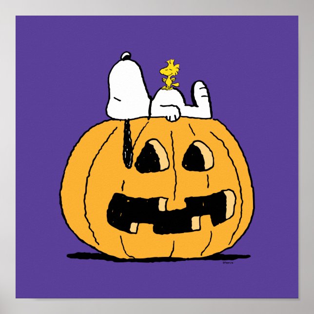 Erdnüsse | Snoopy und Jack-O-Lantern aus Holz Poster (Vorne)