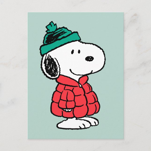 Erdnüsse | Snoopy Winter Coat & Hat Feiertagspostkarte (Vorderseite)