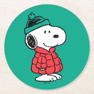 Erdnüsse Snoopy Winter Coat & Hat Runder Pappuntersetzer