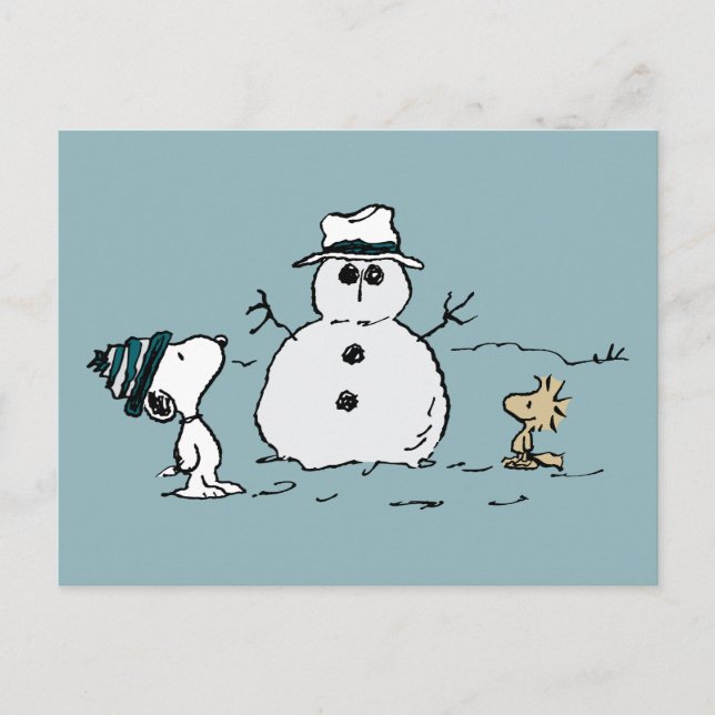 Erdnüsse | Snoopy & Woodstock Bau a Snowman Postkarte (Vorderseite)