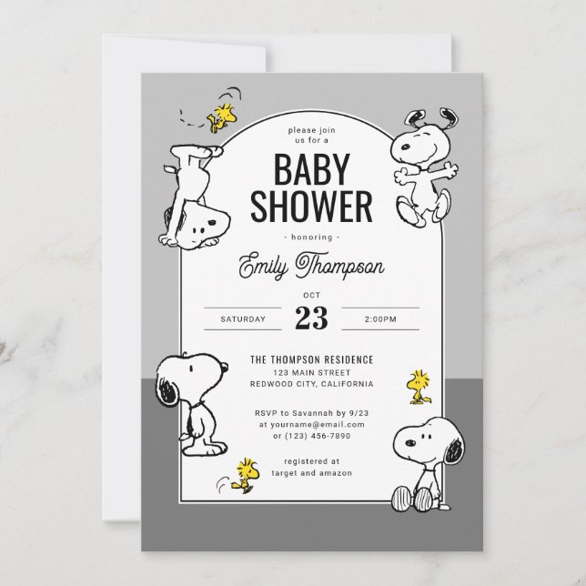 Erdnüsse | Snoopy & Woodstock Graue Babydusche Einladung (Vorderseite)