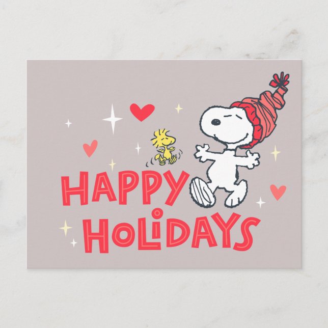 Erdnüsse | Snoopy & Woodstock Happy Holidays Feiertagspostkarte (Vorderseite)