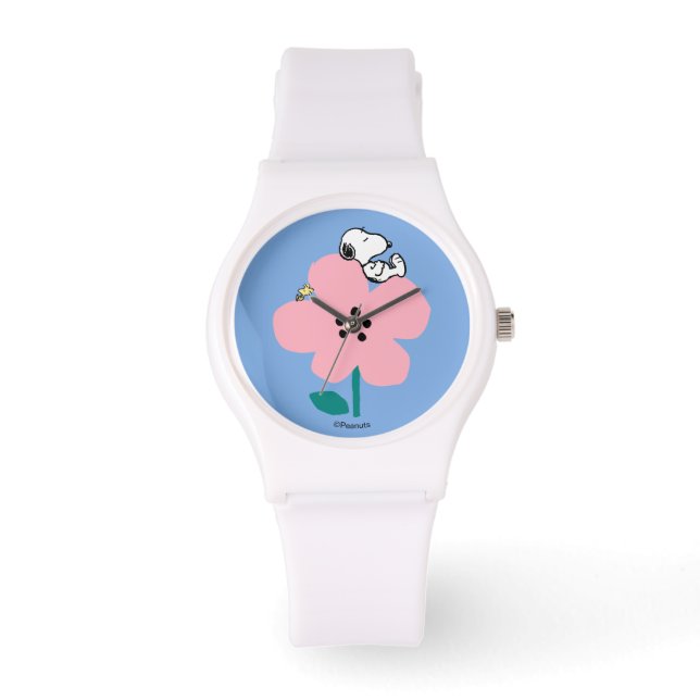 Erdnüsse | Snoopy & Woodstock Nickerchen auf rosa  Armbanduhr (Vorderseite)