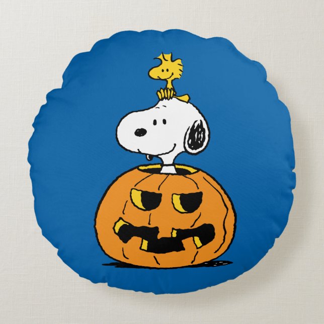 Erdnüsse | Snoopy & Woodstock Pop-up Pumpkin Rundes Kissen (Vorderseite)