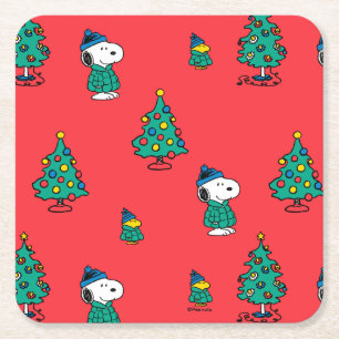 Erdnüsse   Snoopy & Woodstock Red Christmas Patter Rechteckiger Pappuntersetzer
