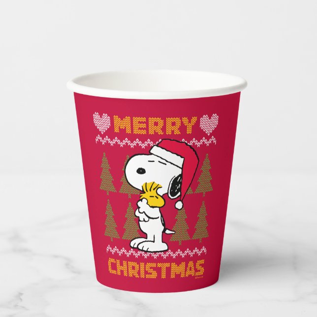Erdnüsse | Snoopy & Woodstock Santa Claus Hug Pappbecher (Vorderseite)