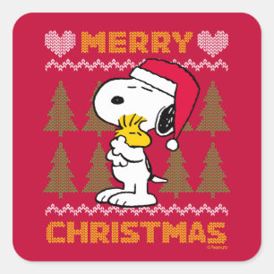 Erdnüsse   Snoopy & Woodstock Santa Claus Hug Quadratischer Aufkleber