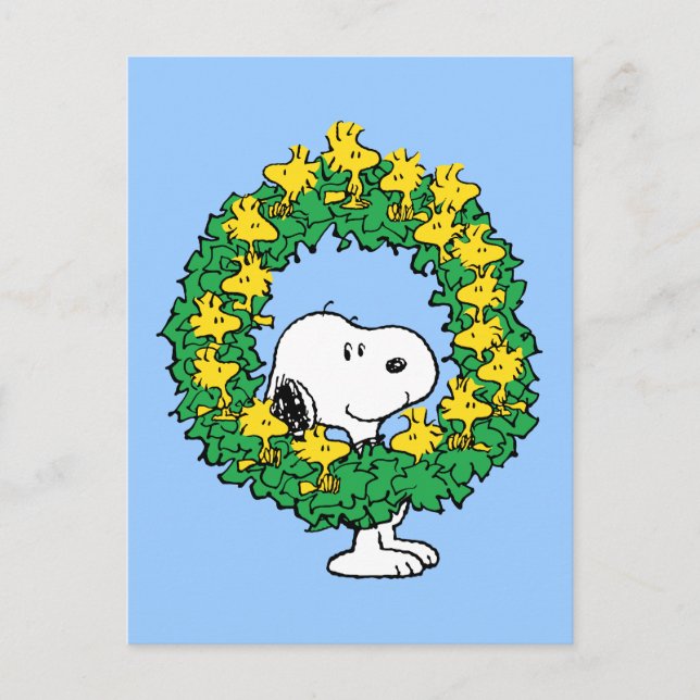 Erdnüsse | Snoopy & Woodstock Weihnachtskranz Postkarte (Vorderseite)