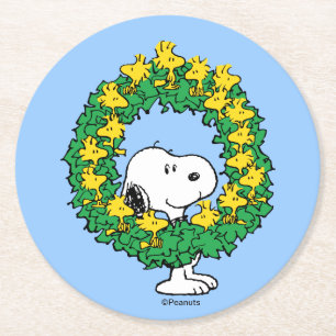 Erdnüsse   Snoopy & Woodstock Weihnachtskranz Runder Pappuntersetzer