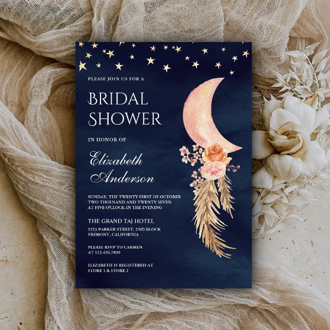 Erdthy Floral Crescent Moon Navy Brautparty Einladung (Von Creator hochgeladen)