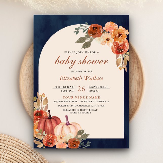 Erdthy Floral Terracotta Pumpkin Navy Baby Shower Einladung (Von Creator hochgeladen)