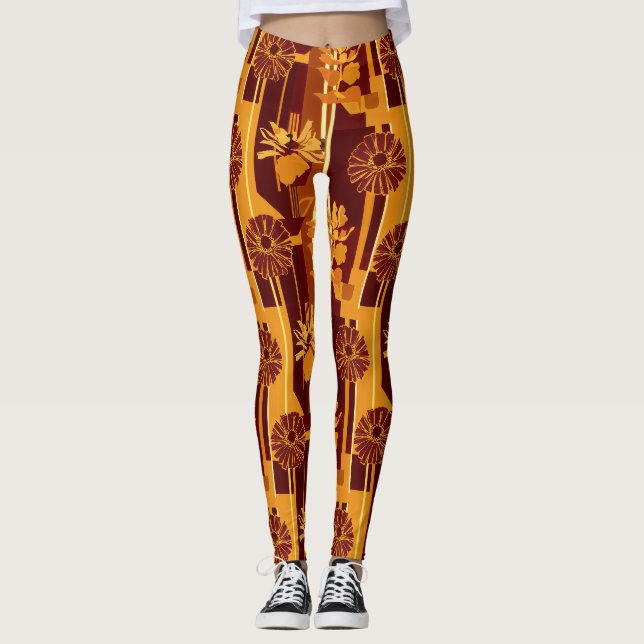 Erdtöne Botanisches Blumenmuster Leggings (Vorderseite)