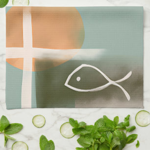 Erdtöne Kreuz und Fisch minimalistischer Kunst Geschirrtuch