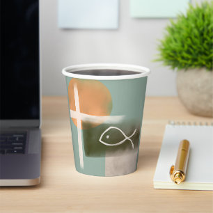 Erdtöne Kreuz und Fisch minimalistischer Kunst  Pappbecher