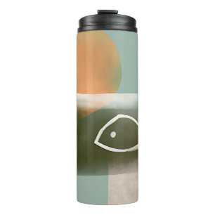 Erdtöne Kreuz und Fisch minimalistischer Kunst  Thermosbecher