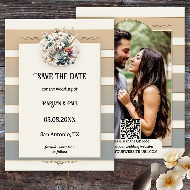Erdtöne Streifen florales Foto Save the Date (Wedding Photo Save the Date card featuring an elegant striped design in pastel earth tones)
