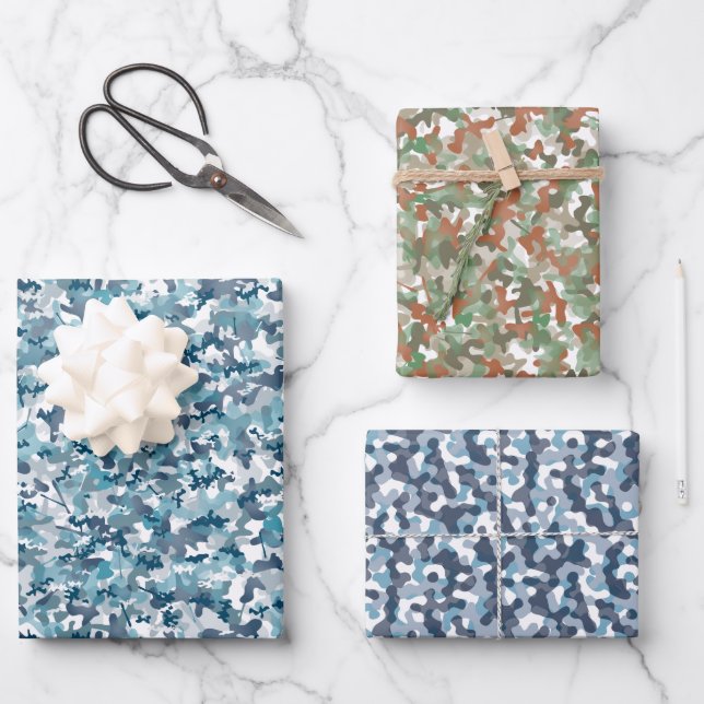 Erdtöne und blaue Tarnmuster Geschenkpapier Set (Vorderseite)