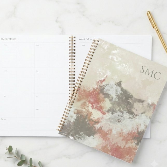 Erdtönige Fluid-Abstrakte Kunst-Monogramm Planer (A sophisticated earth tone abstract notebook, perfect for elevated desk organization.)