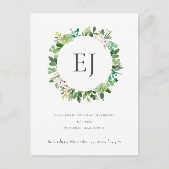 ERFOLGREICHE FOLIAGE WREATH MONOGRAM COUPLES SHOWE EINLADUNGSPOSTKARTE (Vorderseite)