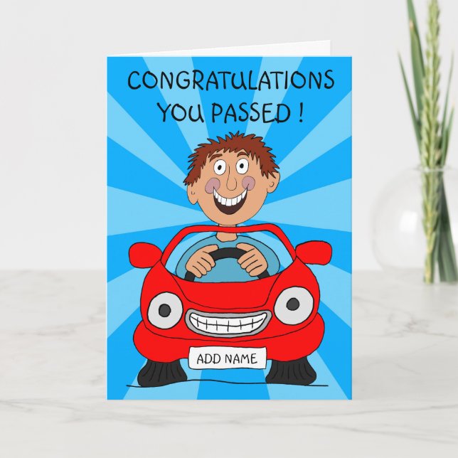 Erfolgreicher Mann hat den Fahrtest bestanden Karte (Vorderseite)