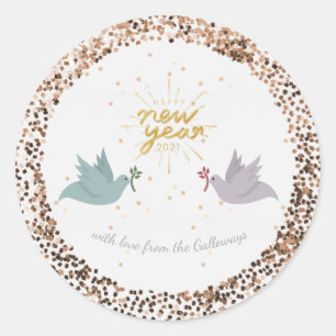 Erfolgreiches New Year Peace Doves Glitzer Monogra Runder Aufkleber