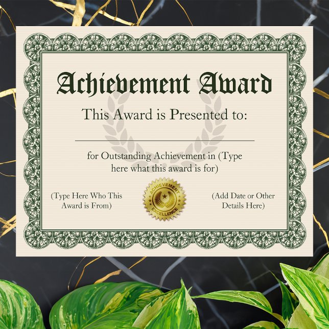 Erfolgszertifikat, benutzerdefinierbar (customizable achievement award)