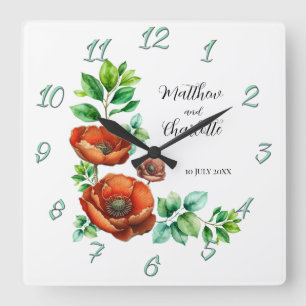 Erhabene Aquarell-Rote Mohnblumen im Vintage-Stil Quadratische Wanduhr
