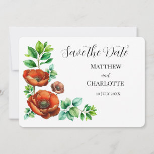 Erhabene Wasserfarbe Rote Mohnblumen im Vintage-St Save The Date
