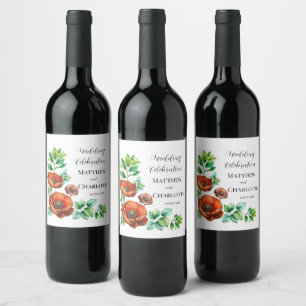 Erhabene Wasserfarbe Rote Mohnblumen im Vintage-St Weinetikett