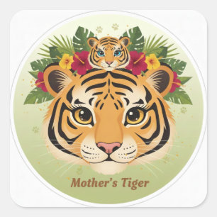 Erhabener Mutter-Tiger und Jungtier-Blumenaufklebe Quadratischer Aufkleber