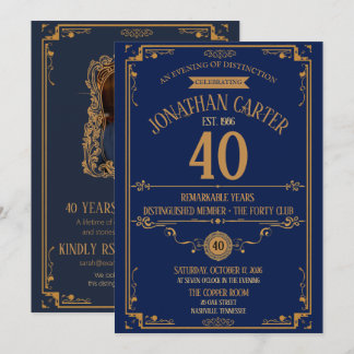 Erhabener Vierzig-Klub Navy Gold 40. Geburtstag Einladung