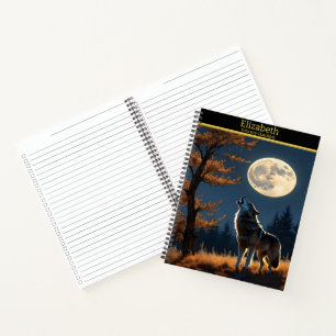Erhabener Wolf heult bei Vollmond unter Sternen Notizbuch