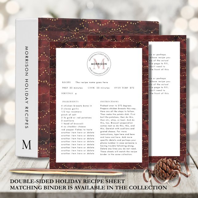 Erhalt von Familienrezepten Weihnachtsrezept (Double-Sided Burgundy Christmas Recipe Sheet Preserving Family Recipes Designed for 3-Hole Punch)