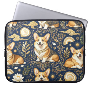 Erhöhen Corgi-Hunde Gold Damast Navy Blau Muster Laptopschutzhülle