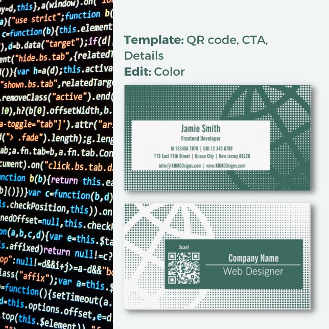 Erhöhen Sie Ihre digitale Marke: Grüner Web-Design Visitenkarte (Elevate Your Digital Brand: Green Web Designer Business Card, Halftone Design, QR code)