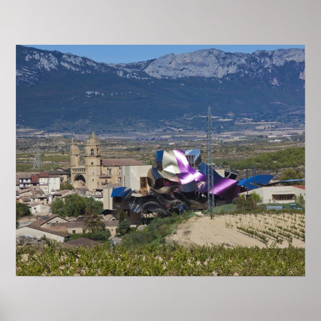 Erhöhte Stadtsicht und Hotel Marques de Riscal Poster (Vorne)