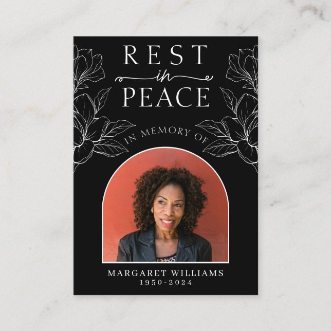 Erholung in Peace Black Floral Foto Beerdigung Geb Begleitkarte (Vorderseite)