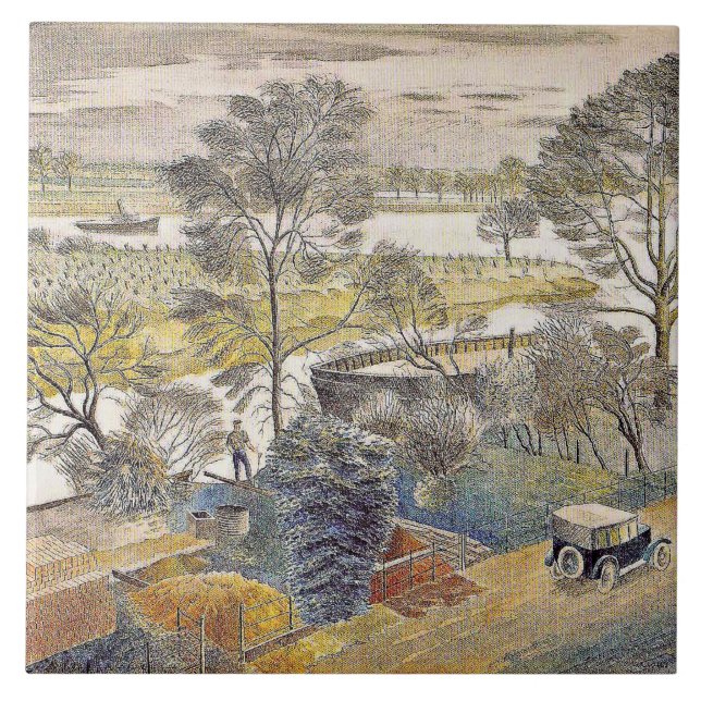 Eric Ravilious art, River Thames, Chiswick Eyot Fliese (Vorderseite)