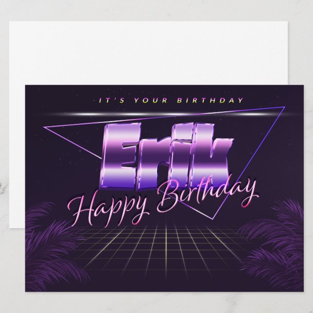 Erik Name Vorname lila retro Karte Geburtstag (Vorne/Hinten)