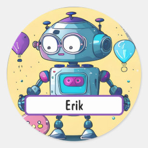 Erik the Brainy Bot with Custom Nametag Runder Aufkleber