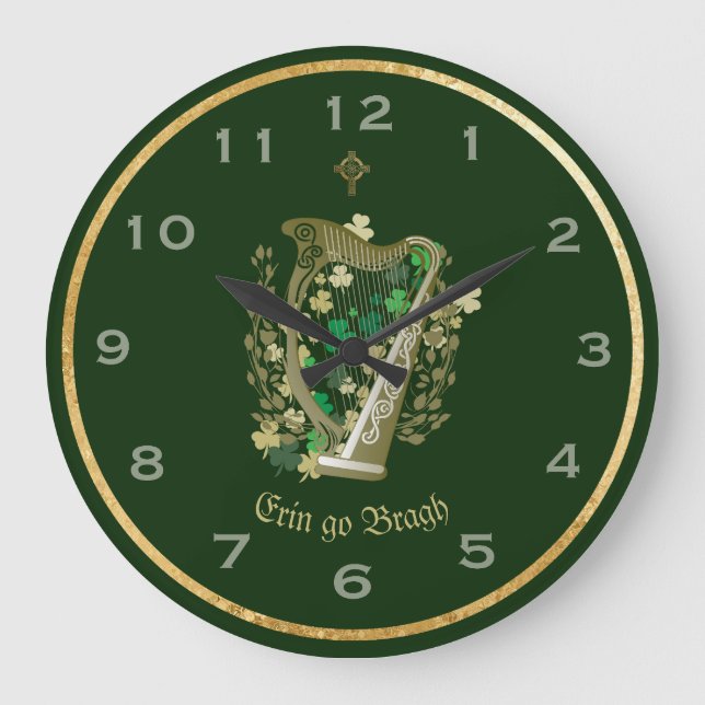 Erin Go Bragh Irish Harp Wall Clock Große Wanduhr (Vorderseite)