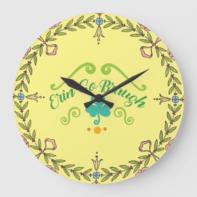 Erin Go Braugh Irish Folk Art Wreath Große Wanduhr (Vorderseite)