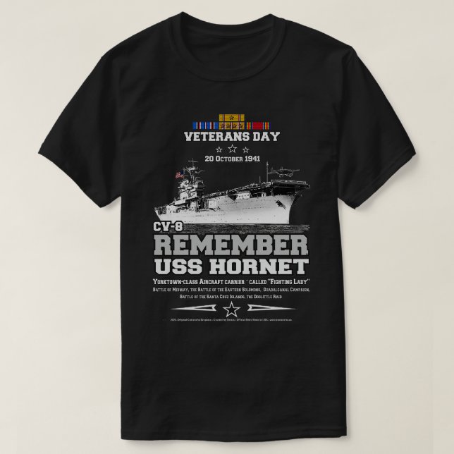 ERINNERN AN die USS Hornet CV8 Flugzeugträger 1 T-Shirt (Design vorne)
