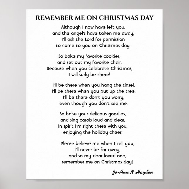 ERINNERN SIE MICH AN DAS Gedicht "CHRISTMAS DAY" Poster (Vorne)