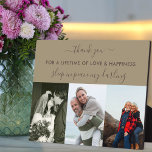 Erinnerung 3 Foto Collage Beige Braun Custom Fotoplatte<br><div class="desc">Erstellen Sie Ihre eigene Gedenktafel in der liebevollen Erinnerung an Ihre besondere Person, mit 3 Ihrer glücklichsten Bilder. Die Formulierung ist vollständig editierbar - sie lautet derzeit "Danke - für ein Leben voller Liebe und Glück - schlafen in Frieden mein Liebling". Die Fotovorlage ist auch für Sie bereit, um Ihre...</div>