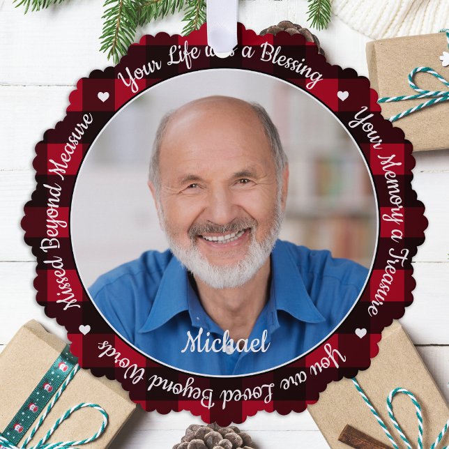 Erinnerung: Kariertes 2-Foto-Gedächtnis beibehalte Ornament Karte (Von Creator hochgeladen)