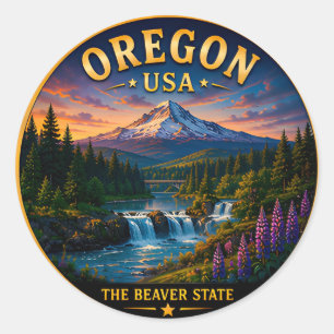 Erinnerungen an Urlaub in den Oregon-Bergen 🟡 Runder Aufkleber